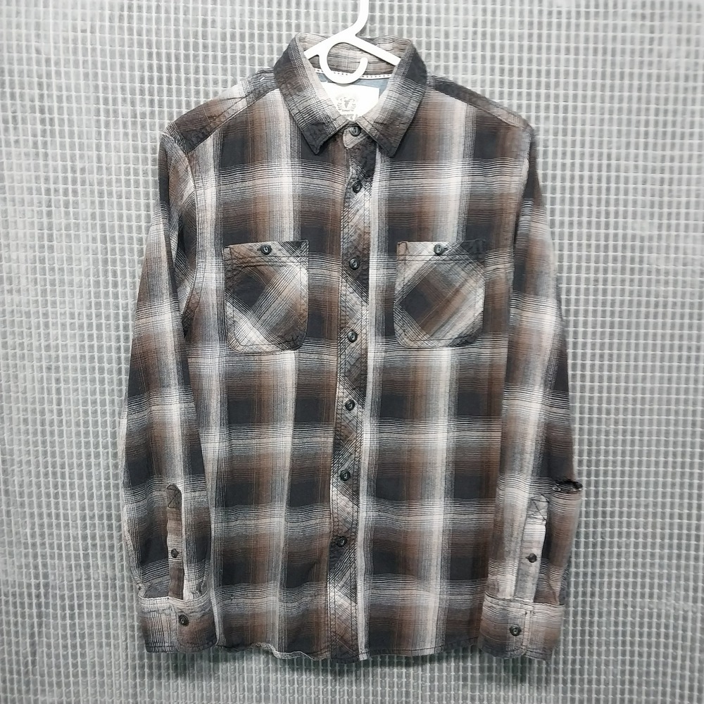 Roebuck & Co Button Up Shirt Mens Plaid Flannel Long Sleeve M Brown Black Vtg